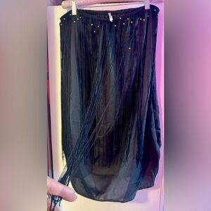 Black mini dress with fringe and gold accents. Size large